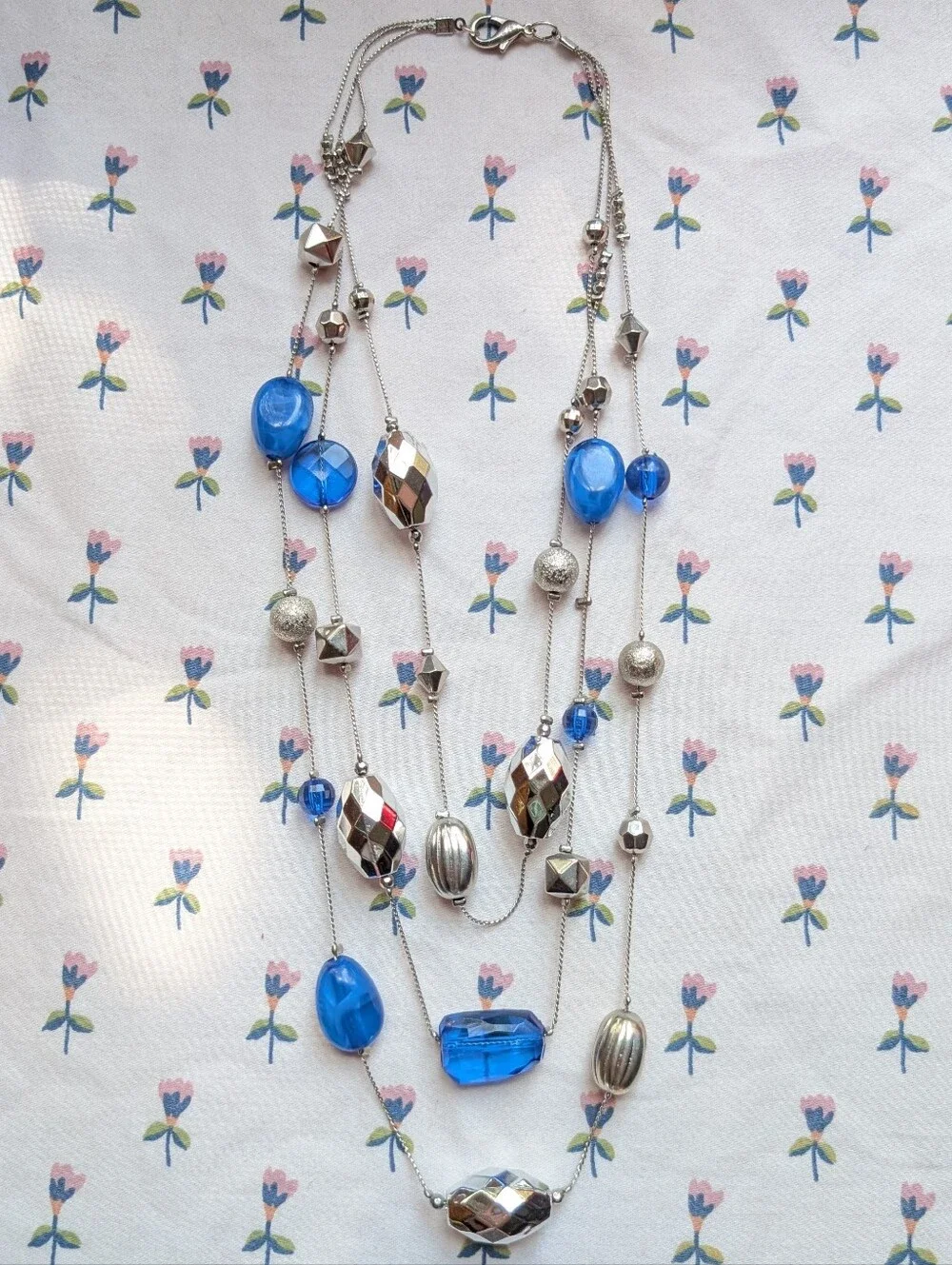 y2k blue & silver multi-strand layered beaded necklace